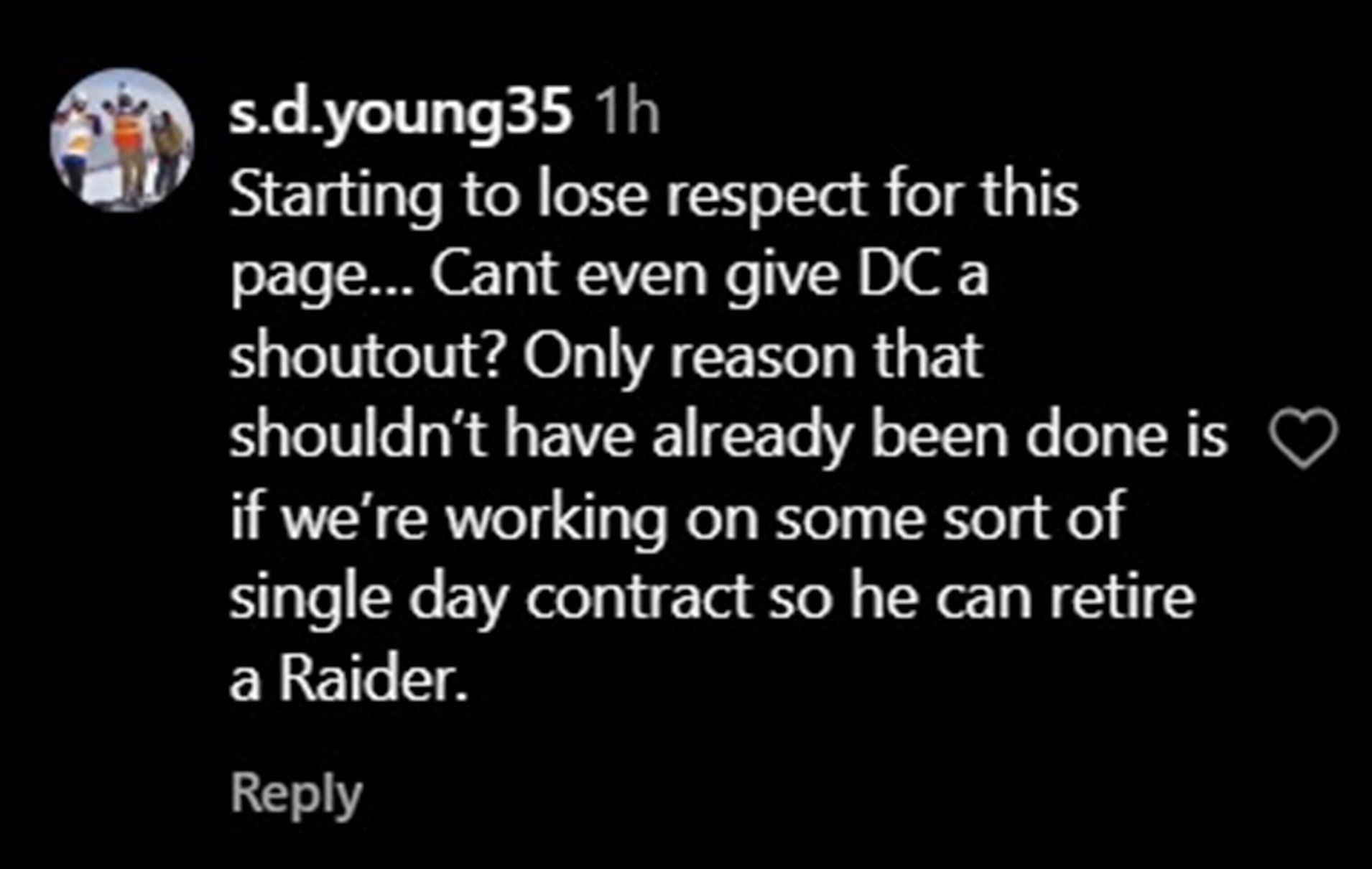 Screenshot of comments taken from Raiders' Instagram Post